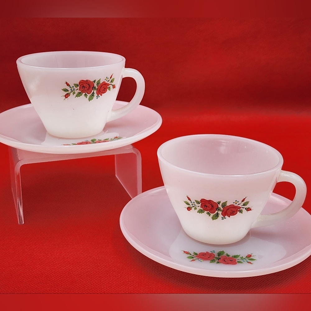 Vintage Fire King Red Rose Milk Glass Coffee Tea Cup and Saucer Set